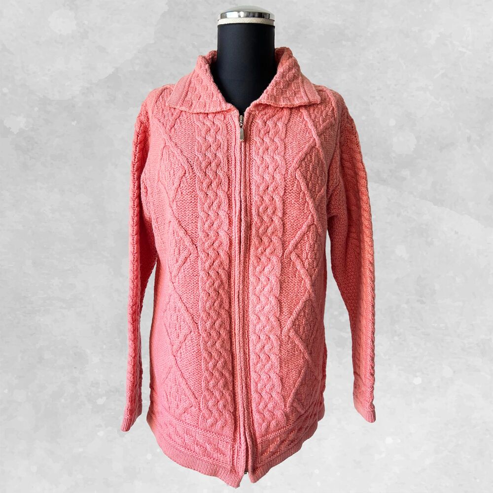 Aran Crafts Ireland Wool Cardigan Sweater Women's M Coral Pink Collar Zip